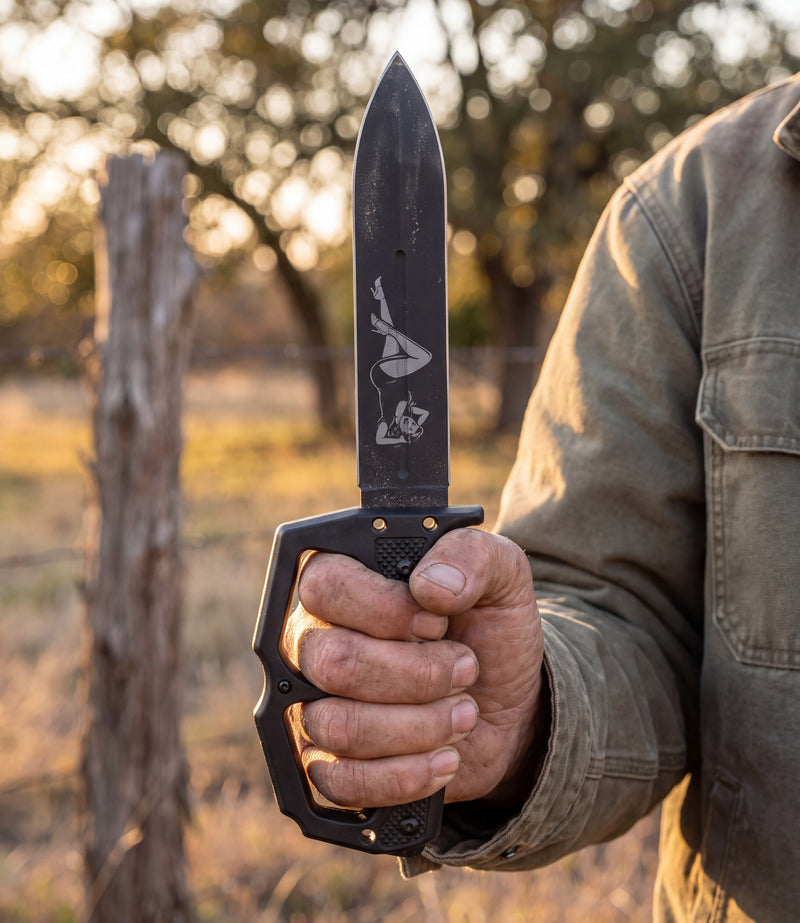The Alex Jones Store - Life Is Fiery With It's Beauty Trench War Dagger held in hand at a Texas ranch fence line