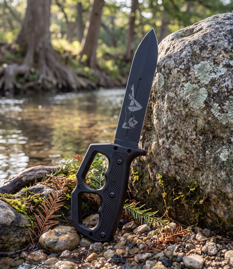 The Alex Jones Store - Life Is Fiery With It's Beauty Trench War Dagger leaning against a granite boulder beside a Hill Country creek