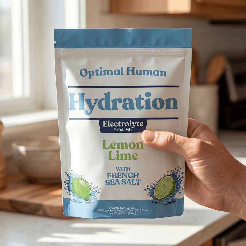 Alex Jones Naturals - Hand holding Optimal Human Hydration Lemon Lime electrolyte drink mix pouch with French sea salt in a sunlit kitchen