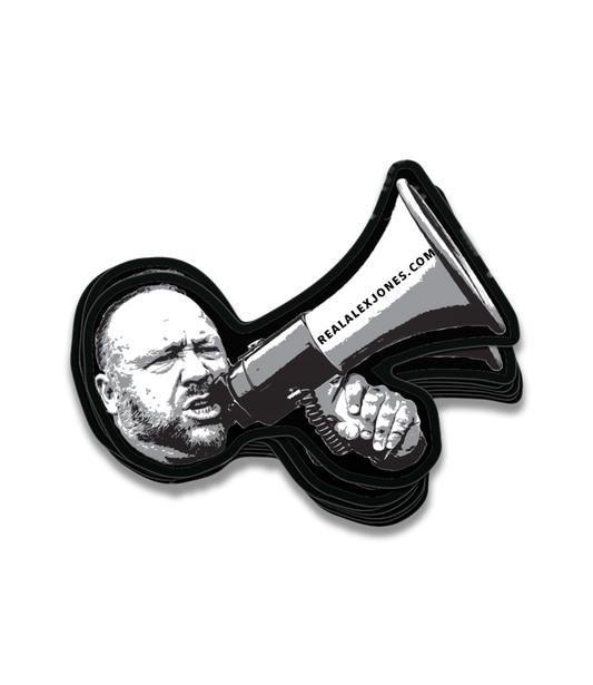 The Alex Jones Store - Alex Jones Megaphone die-cut decal in black and white showing Alex shouting into a realalexjones.com bullhorn
