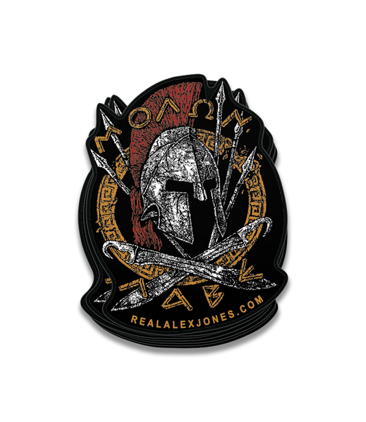 The Alex Jones Store - Molon Labe decal with Spartan helmet, crossed spears and Greek key gold ring on black die-cut sticker