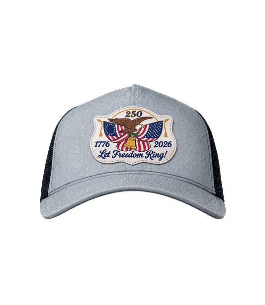 The Alex Jones Store - Gray heather America 250 'Let Freedom Ring' trucker hat with embroidered eagle, flag and Liberty Bell patch