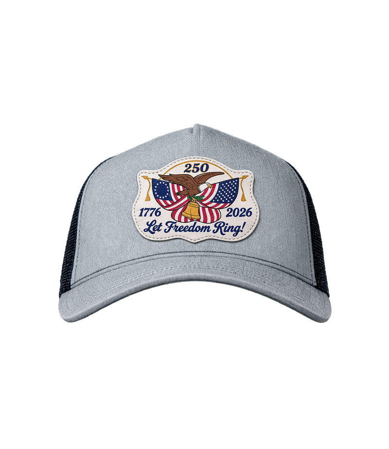 The Alex Jones Store - Gray heather America 250 'Let Freedom Ring' trucker hat with embroidered eagle, flag and Liberty Bell patch