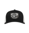 The Alex Jones Store - Front of black and white Nobody Is Coming To Save You trucker hat with stitched Molon Labe rifle patch on black front panel and white mesh back