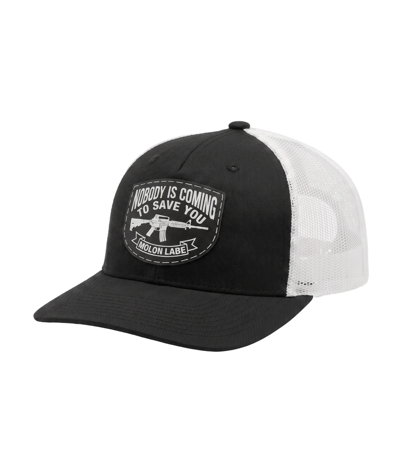 The Alex Jones Store - Side angle of black and white Nobody Is Coming To Save You trucker hat showing pre-curved visor and white mesh back panel