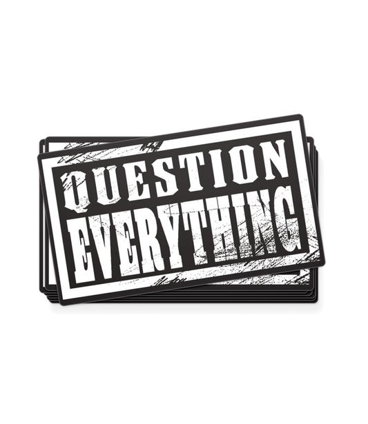 The Alex Jones Store - Black and white grunge-style 'Question Everything' vinyl decals stacked in rectangular shape
