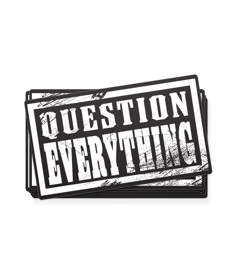 The Alex Jones Store - Black and white grunge-style 'Question Everything' vinyl decals stacked in rectangular shape