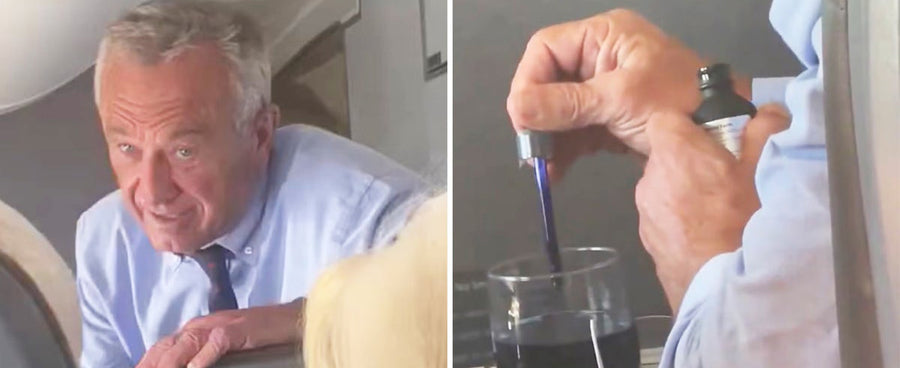 RFK Jr. drinking a bright blue liquid on a private plane