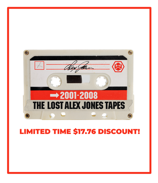 The Alex Jones Store - White cassette tape labeled 'The Lost Alex Jones Tapes 2001-2008' with Alex Jones signature, red border product image