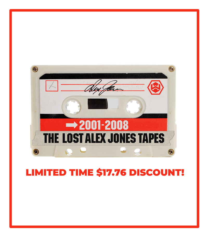 The Alex Jones Store - White cassette tape labeled 'The Lost Alex Jones Tapes 2001-2008' with Alex Jones signature, red border product image