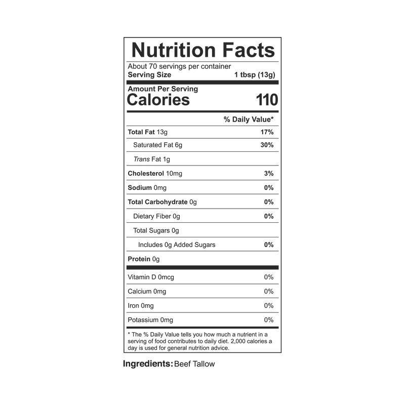 Alex Jones Naturals - Pure Grass-Fed Beef Tallow — Nutrition Facts panel for Beef Tallow showing 110 calories, 13g fat, 70 servings per container, single ingredient