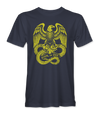 The Alex Jones Store - Front of navy Join Or Die Eagle t-shirt with gold woodcut eagle gripping two snakes above a JOIN or DIE banner