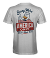 The Alex Jones Store - Back of white Sorry We're America Only t-shirt with vintage diner eagle mascot and red America Only sign