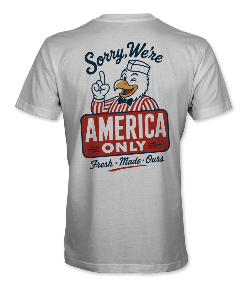 The Alex Jones Store - Back of white Sorry We're America Only t-shirt with vintage diner eagle mascot and red America Only sign