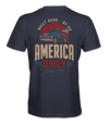 The Alex Jones Store - Back of navy America Only Built Here By Us t-shirt with vintage pickup truck, Betsy Ross flag and striped sunset