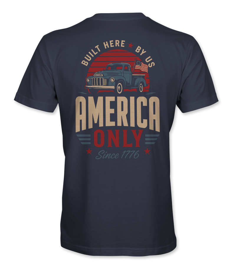 The Alex Jones Store - Back of navy America Only Built Here By Us t-shirt with vintage pickup truck, Betsy Ross flag and striped sunset