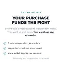 Alex Jones Naturals - T-3 Trifecta Iodine Tincture (90 Servings) — 'Your Purchase Funds The Fight' infographic explaining T-3 Iodine purchases support independent journalism and uncensored media