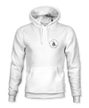 The Alex Jones Store - Don't Tread On Me Hoodie — White pullover hoodie front view with small black Gadsden snake circle logo on left chest, drawstring hood
