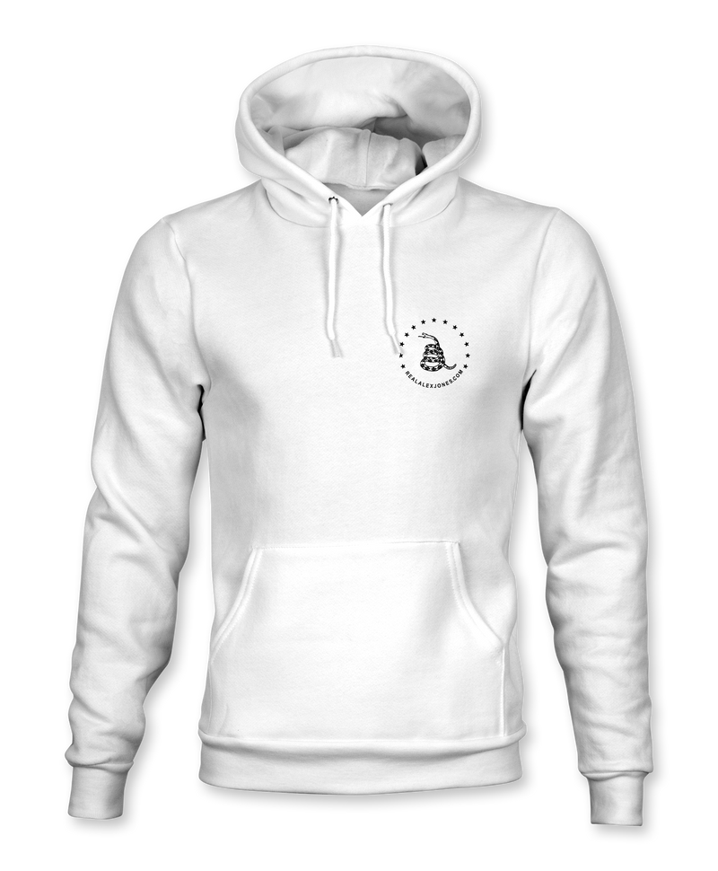 The Alex Jones Store - Don't Tread On Me Hoodie — White pullover hoodie front view with small black Gadsden snake circle logo on left chest, drawstring hood