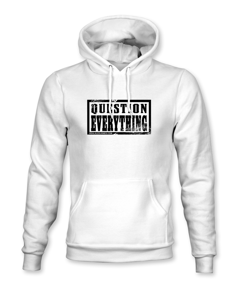 The Alex Jones Store - White pullover hoodie with black 'Question Everything' grunge stamp logo and RealAlexJones.com text on chest