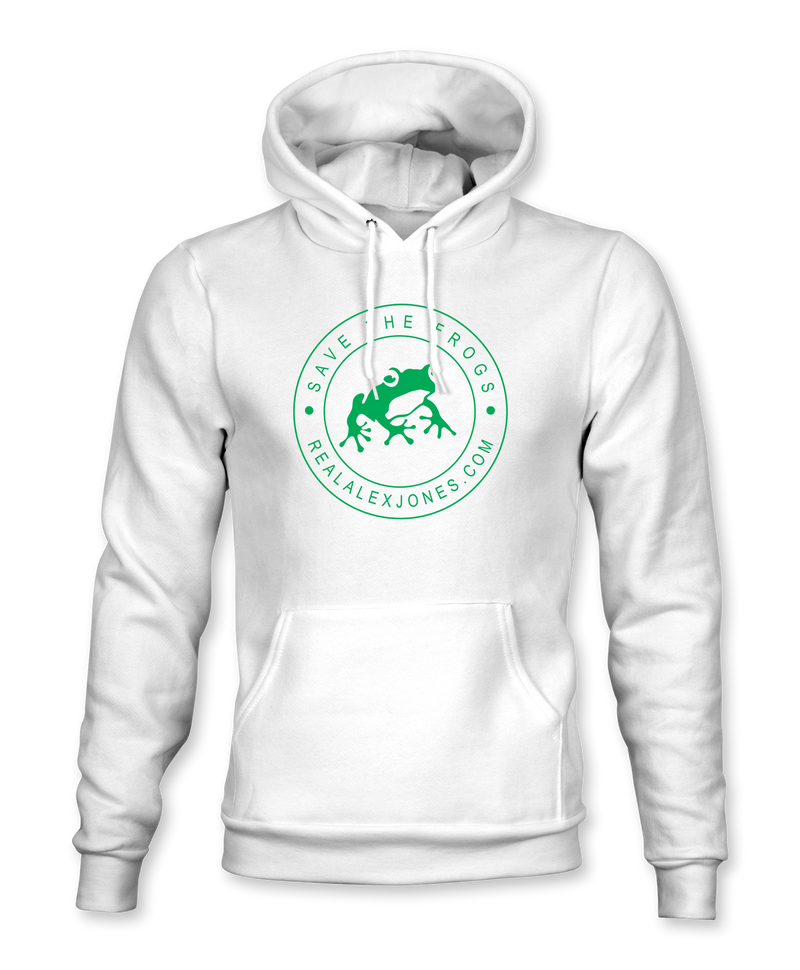 The Alex Jones Store - White pullover hoodie with green 'Save The Frogs RealAlexJones.com' circular frog crest design on chest