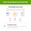 Alex Jones Naturals - Optimal Human Hydration Drink Mix with French Sea Salt — 'Why Electrolytes Matter' infographic showing sodium and potassium as the body's power grid for heart, focus and muscles